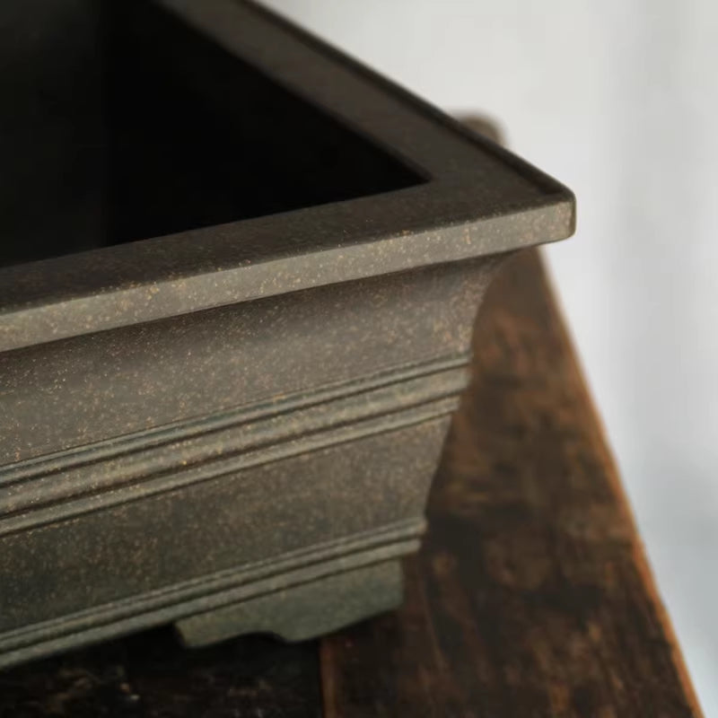 12.2 inch (31cm) Large Rectangular Premium Unglazed Black Speckled Finish Bonsai Pot Corner View Close Shot