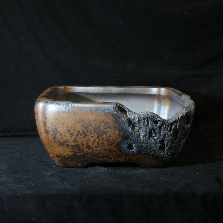 12.2 inch (31cm) Large Square Speckled Finish Eroded Stone-Like Broken Edge Style Bonsai Pot