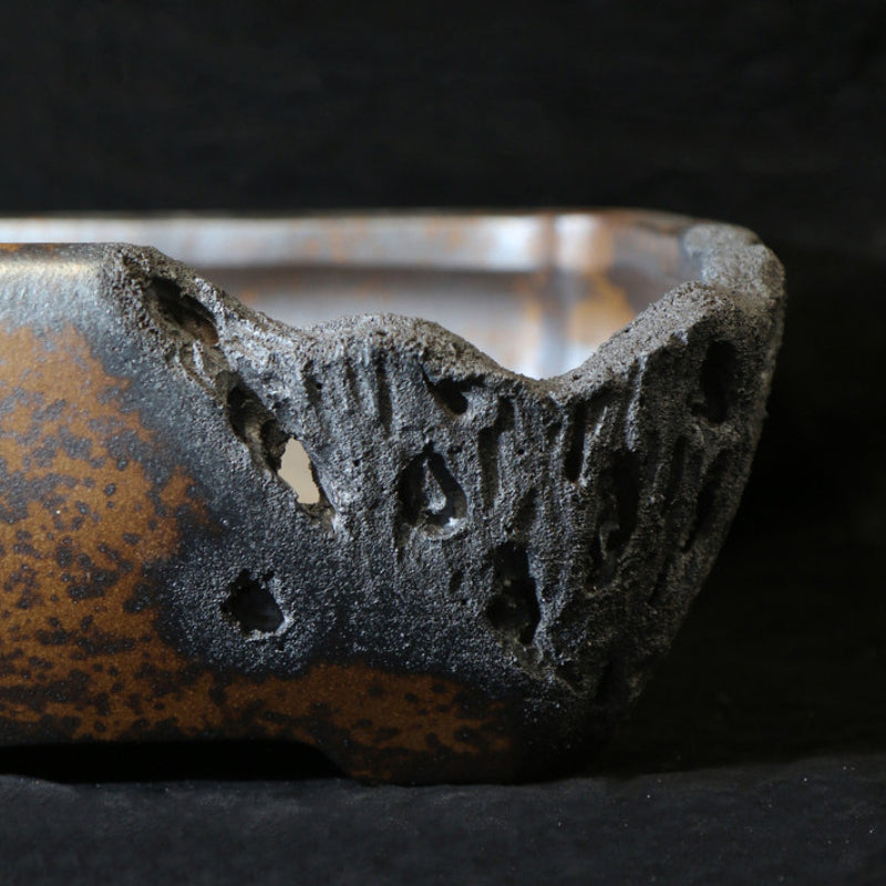 12.2 inch (31cm) Large Square Speckled Finish Eroded Stone-Like Broken Edge Style Unique Bonsai Pot Corner Close Shot