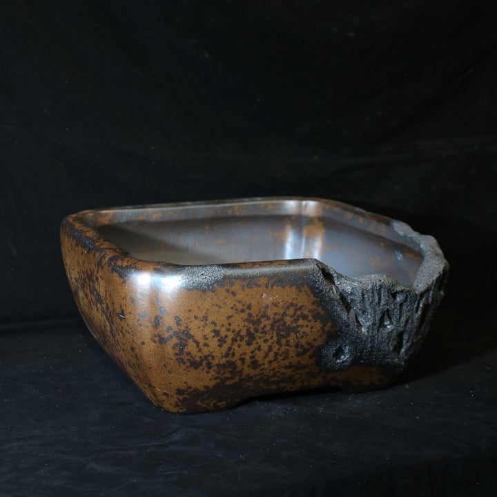12.2 inch (31cm) Large Square Speckled Finish Eroded Stone-Like Broken Edge Style Unique Bonsai Pot Corner View