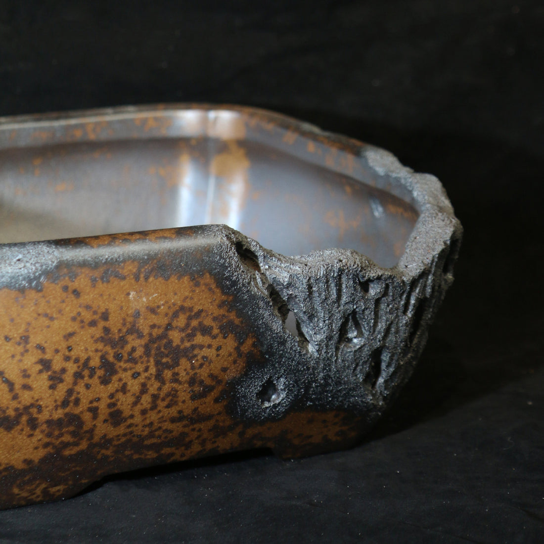 12.2 inch (31cm) Large Square Speckled Finish Eroded Stone-Like Broken Edge Style Unique Bonsai Pot Corner View Close Shot