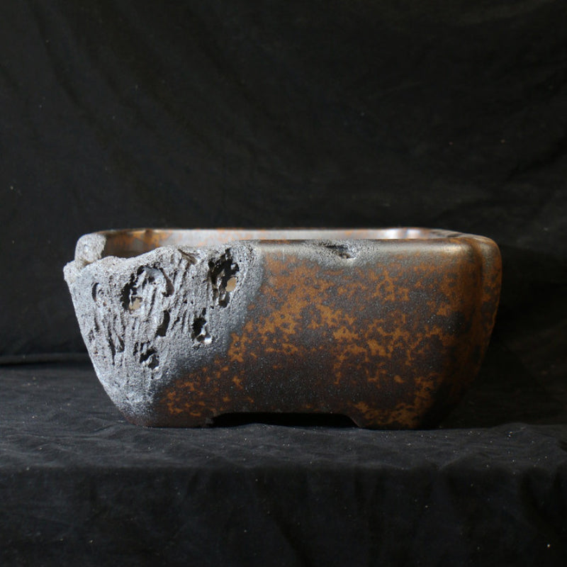 12.2 inch (31cm) Large Square Speckled Finish Eroded Stone-Like Broken Edge Style Unique Bonsai Pot Side View