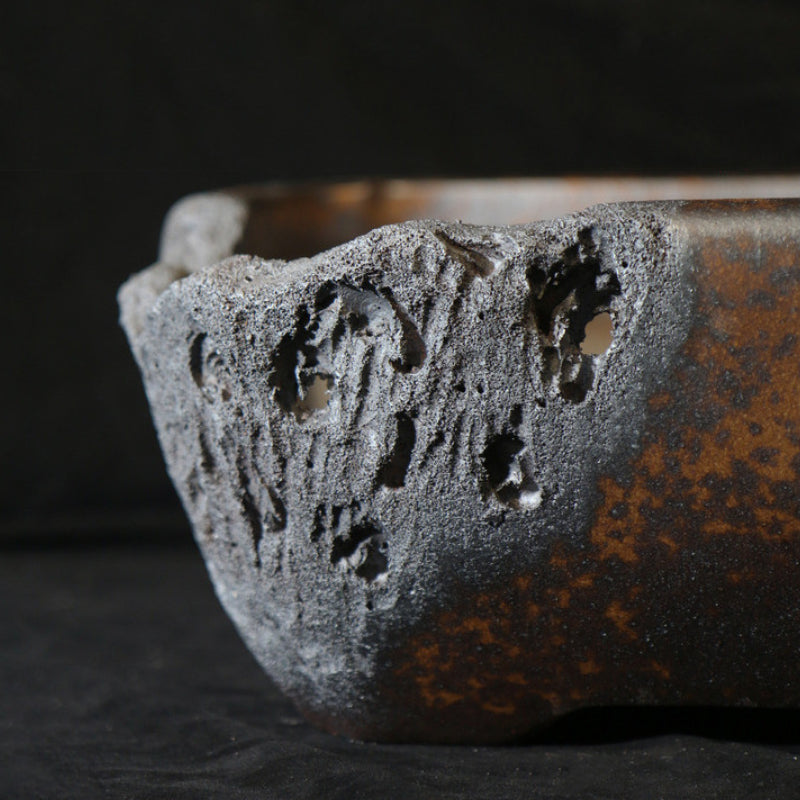 12.2 inch (31cm) Large Square Speckled Finish Eroded Stone-Like Broken Edge Style Unique Bonsai Pot Side View Close Shot