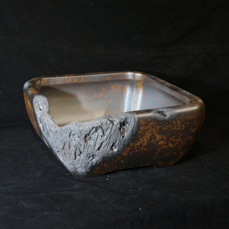 12.2 inch (31cm) Large Square Speckled Finish Eroded Stone-Like Broken Edge Style Unique Bonsai Pot Top Corner View