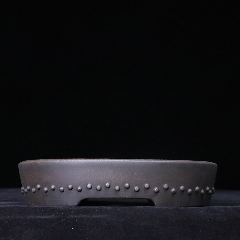 12.2 inch (31cm) Large Studded Oval Drum Dark Unglazed Shallow Bonsai Pot