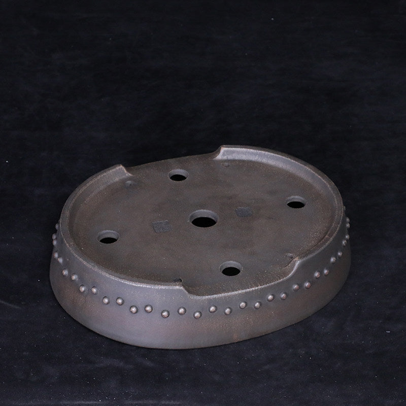 12.2 inch (31cm) Large Studded Oval Drum Dark Unglazed Shallow Bonsai Pot Bottom View