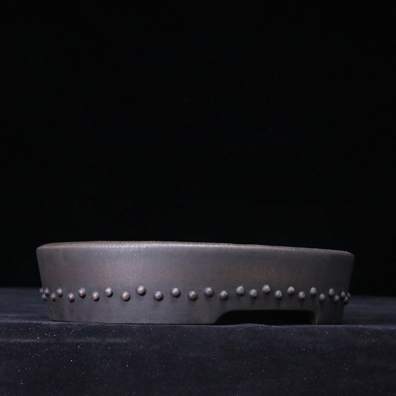 12.2 inch (31cm) Large Studded Oval Drum Dark Unglazed Shallow Bonsai Pot Corner View