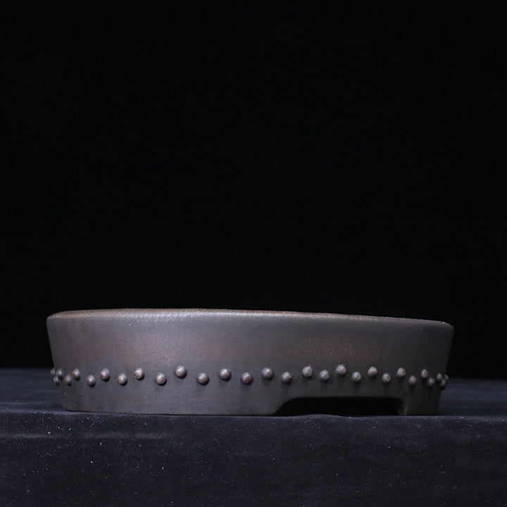 12.2 inch (31cm) Large Studded Oval Drum Dark Unglazed Shallow Bonsai Pot Corner View