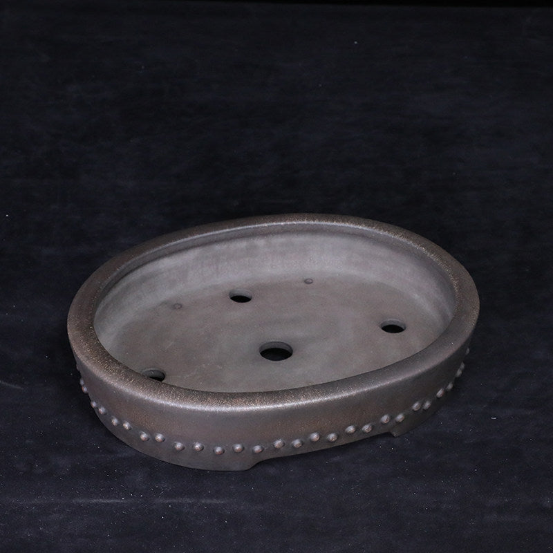 12.2 inch (31cm) Large Studded Oval Drum Dark Unglazed Shallow Bonsai Pot Inner View