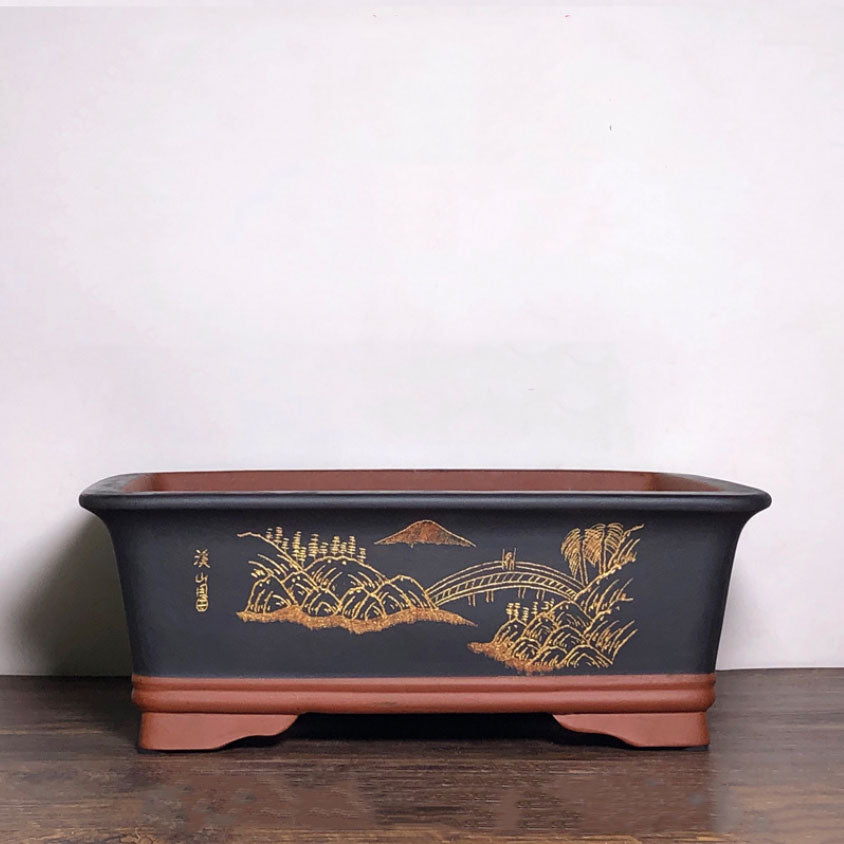 12.4" (31.5cm) Rectangular Raised Feet Artistic Bonsai Pot Elegant Black