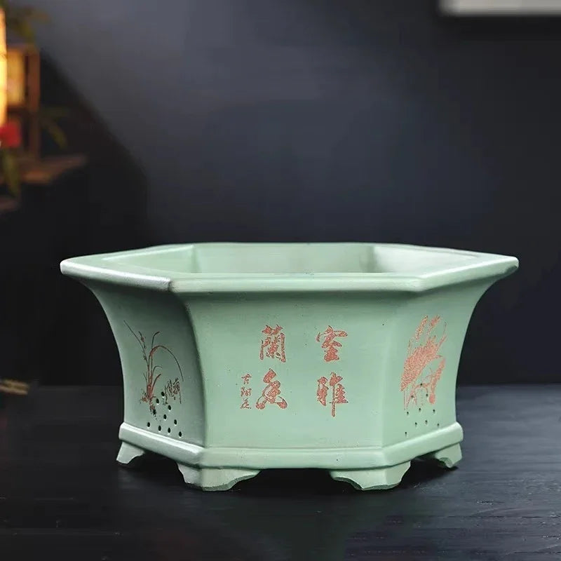 12.4 inch (31.5cm) Large Hexagonal Unglazed Semi Cascade Bonsai Pots Apple Green Color