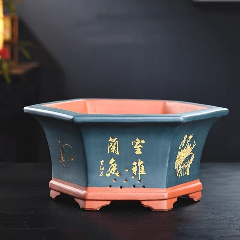 12.4 inch (31.5cm) Large Hexagonal Unglazed Semi Cascade Bonsai Pots Blue Color