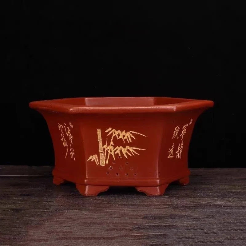 12.4 inch (31.5cm) Large Hexagonal Unglazed Semi Cascade Bonsai Pots Red Color