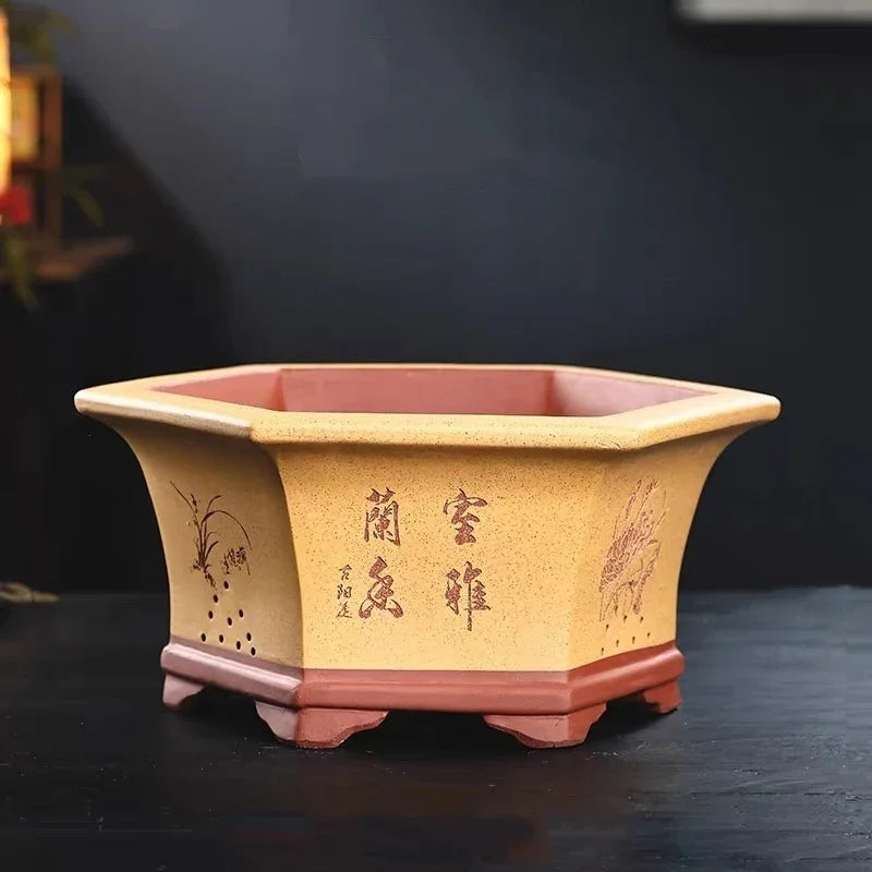 12.4 inch (31.5cm) Large Hexagonal Unglazed Semi Cascade Bonsai Pots Yellow Color