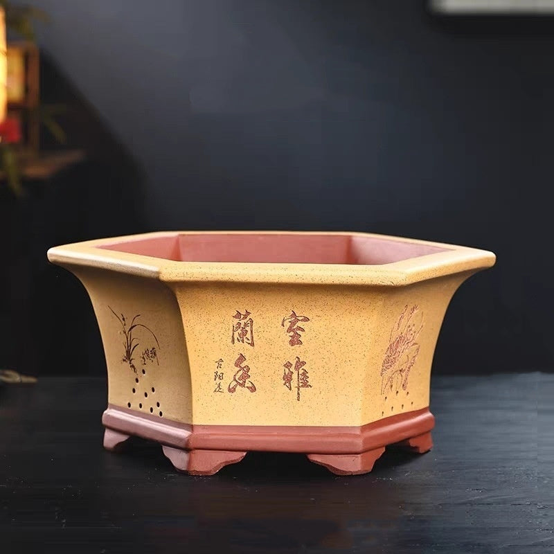 12.4 inch (31.5cm) Large Hexagonal Unglazed Semi Cascade Bonsai Pots Yellow Color