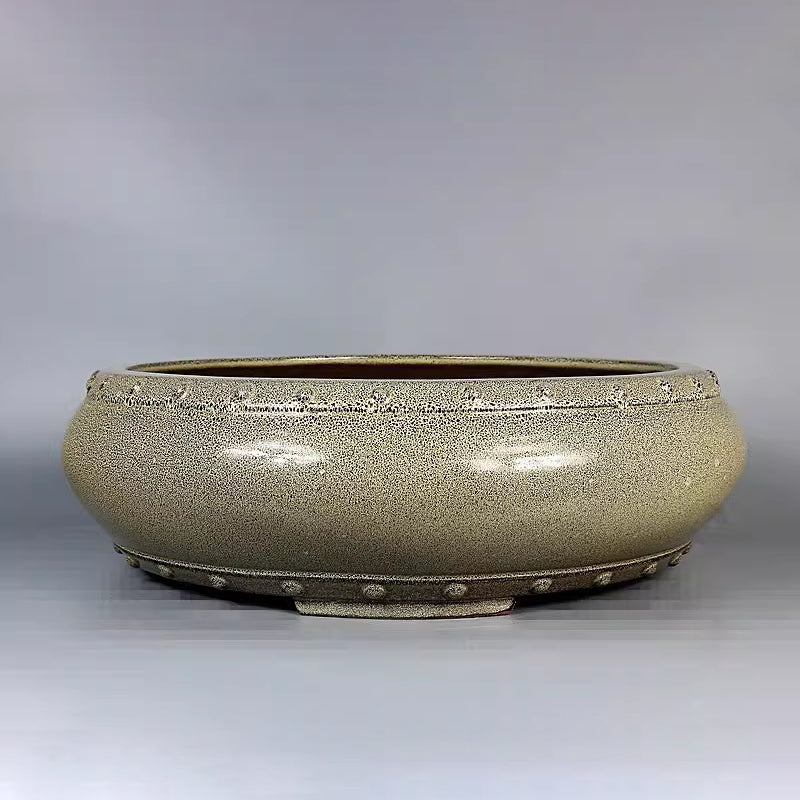 12.4 inch (31.5cm) Large Round Glazed Dust-Style FInish Drum Bonsai Pot Corner View