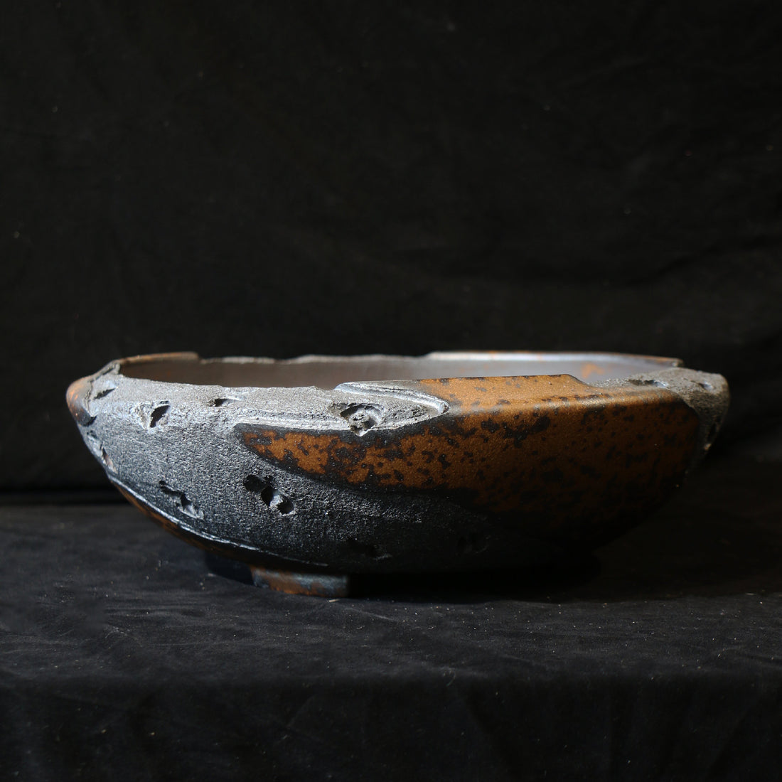 12.4 inch (31.5cm) Large Round Speckled Finish Unglazed Unique Bonsai Pot w Eroded Stone-Like Texture