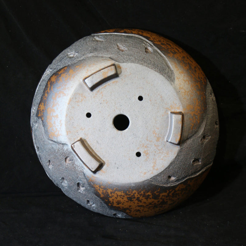 12.4 inch (31.5cm) Large Round Speckled Finish Unglazed Unique Bonsai Pot w Eroded Stone-Like Texture Bottom View