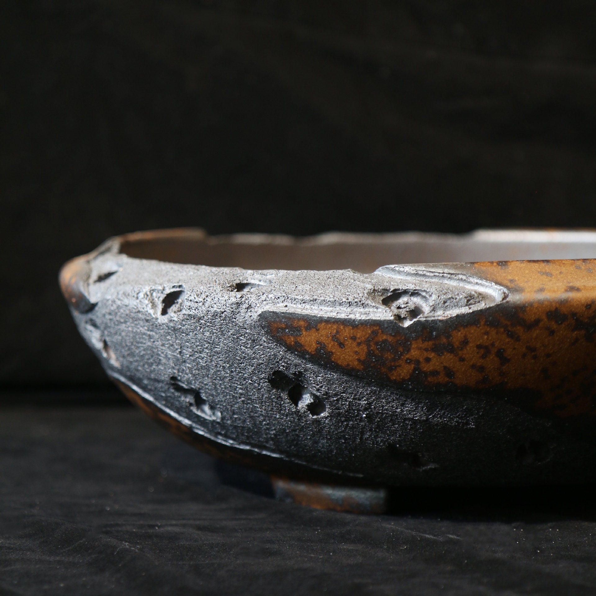12.4 inch (31.5cm) Large Round Speckled Finish Unglazed Unique Bonsai Pot w Eroded Stone-Like Texture Close Shot
