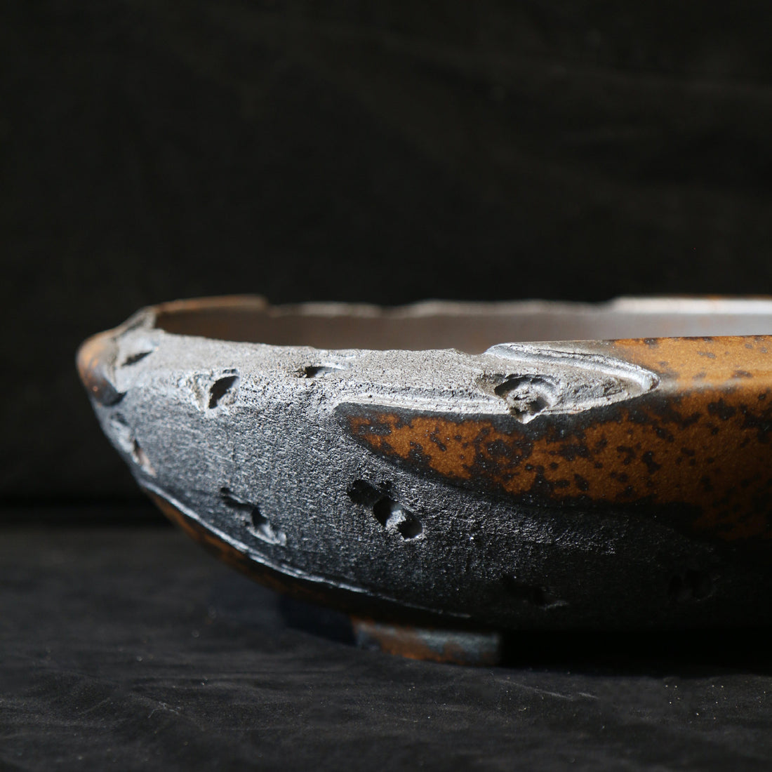 12.4 inch (31.5cm) Large Round Speckled Finish Unglazed Unique Bonsai Pot w Eroded Stone-Like Texture Close Shot