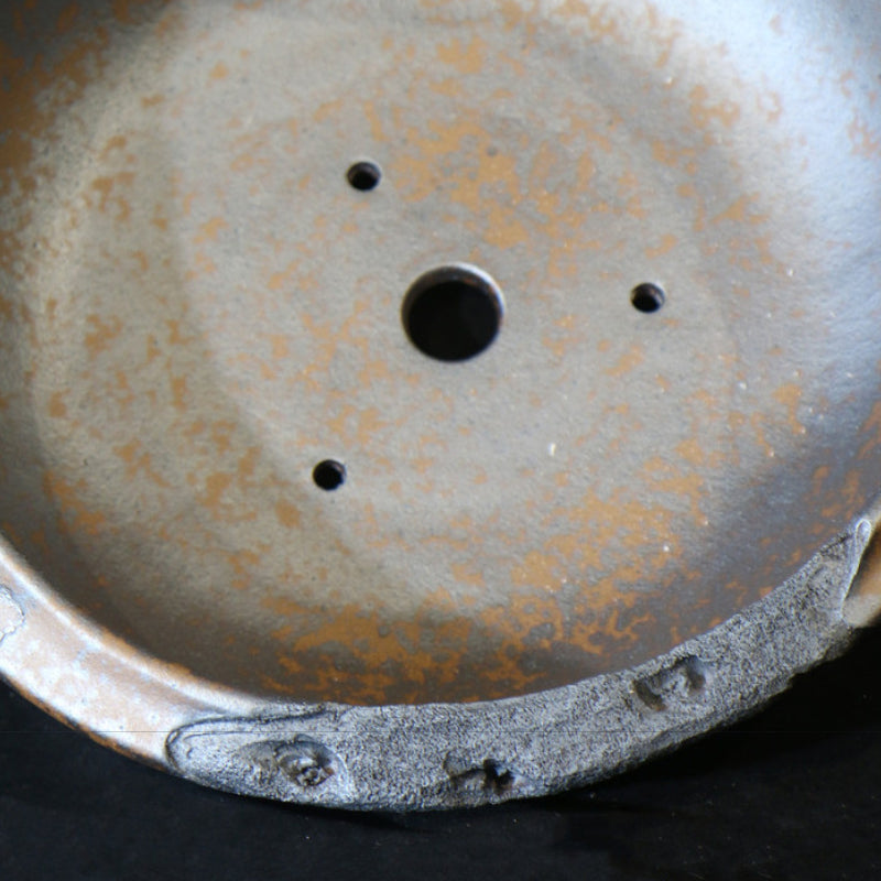 12.4 inch (31.5cm) Large Round Speckled Finish Unglazed Unique Bonsai Pot w Eroded Stone-Like Texture Inner View Close Shot