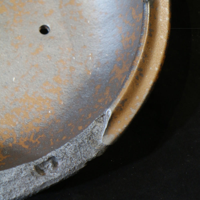 12.4 inch (31.5cm) Large Round Speckled Finish Unglazed Unique Bonsai Pot w Eroded Stone-Like Texture Rim Close Shot