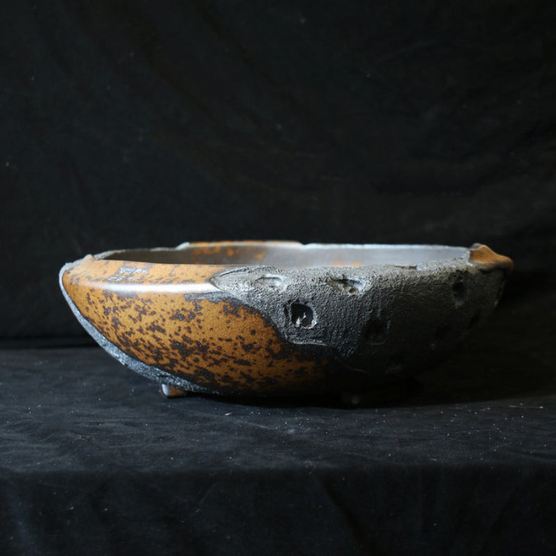 12.4 inch (31.5cm) Large Round Speckled Finish Unglazed Unique Bonsai Pot w Eroded Stone-Like Texture Side View