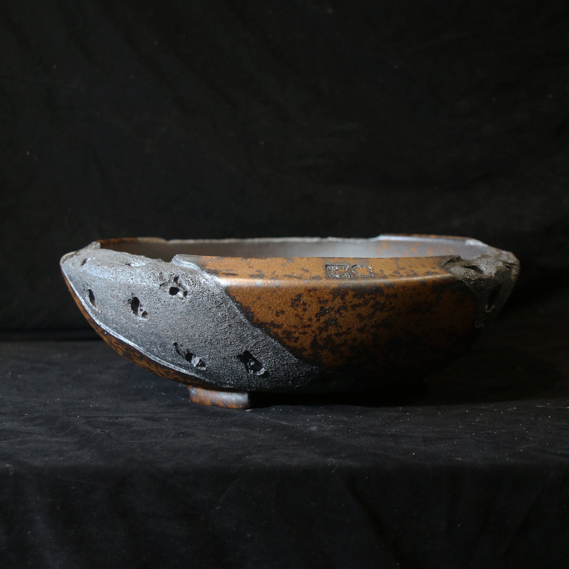 12.4 inch (31.5cm) Large Round Speckled Finish Unglazed Unique Bonsai Pot w Eroded Stone-Like Texture Side View