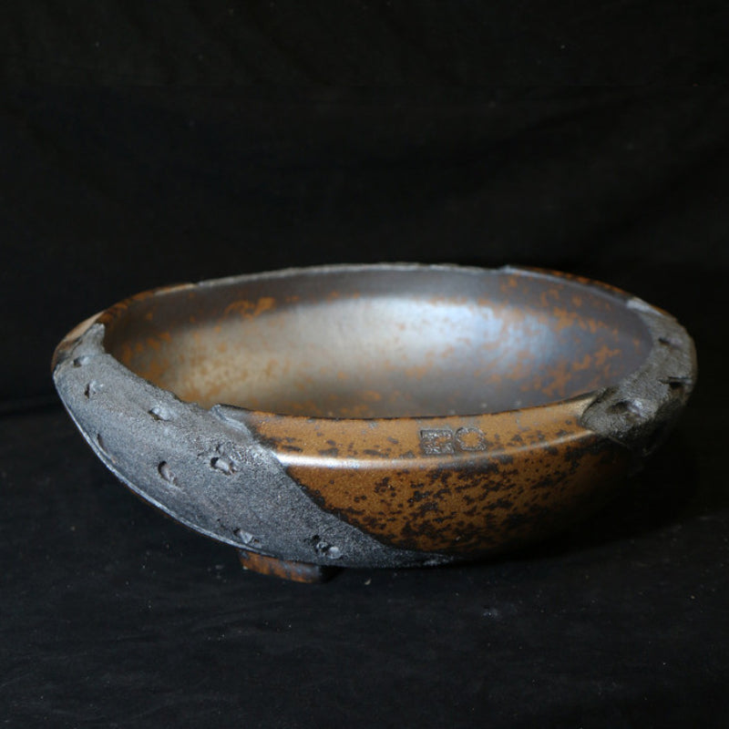 12.4 inch (31.5cm) Large Round Speckled Finish Unglazed Unique Bonsai Pot w Eroded Stone-Like Texture Top View