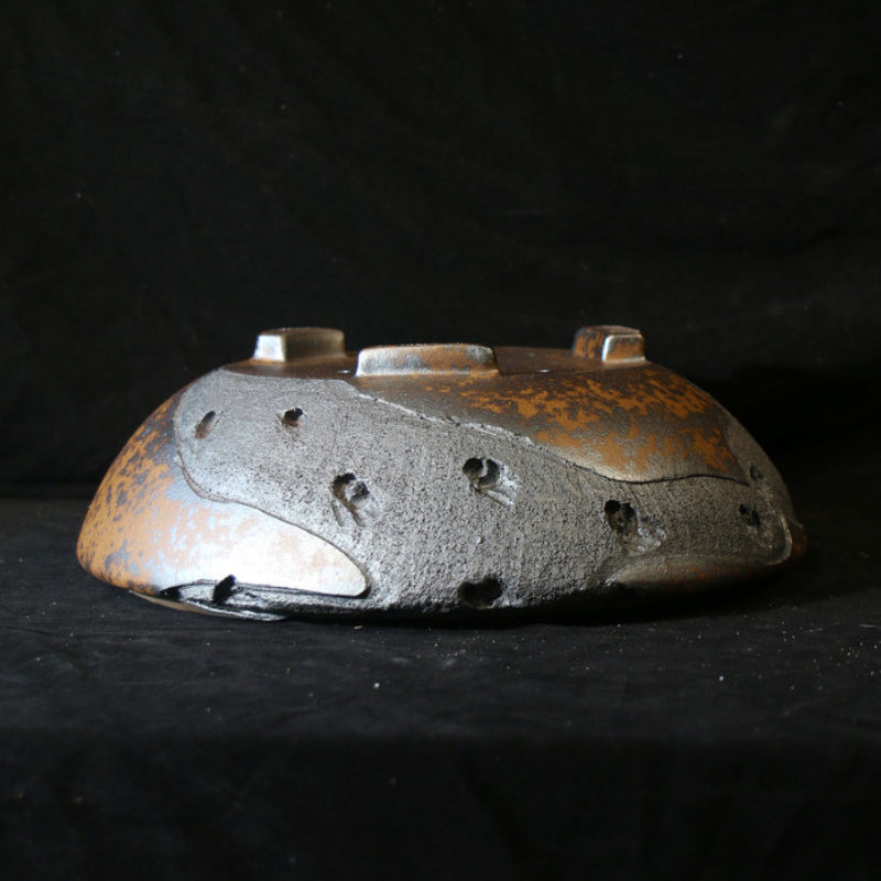 12.4 inch (31.5cm) Large Round Speckled Finish Unglazed Unique Bonsai Pot w Eroded Stone-Like Texture Upside Down View