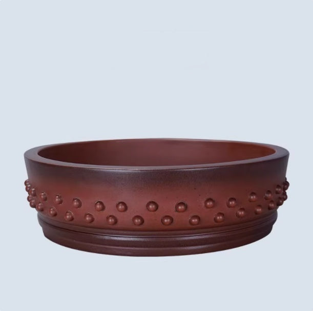 12.4 inch (31.5cm) Large Round Studded Unglazed Drum Bonsai Pot Side View 2