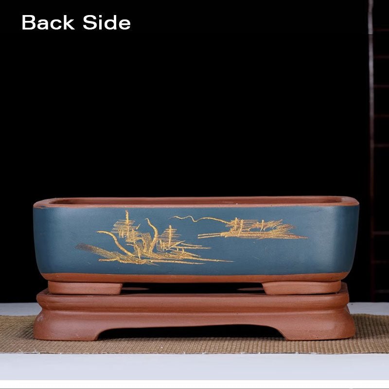 12.6" (32cm) Large Rectangular Dual Tone Artistic Bonsai Pot w Stand Back View