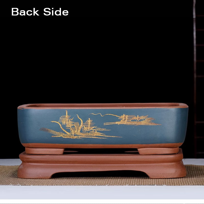 12.6" (32cm) Large Rectangular Dual Tone Artistic Bonsai Pot w Stand Back View