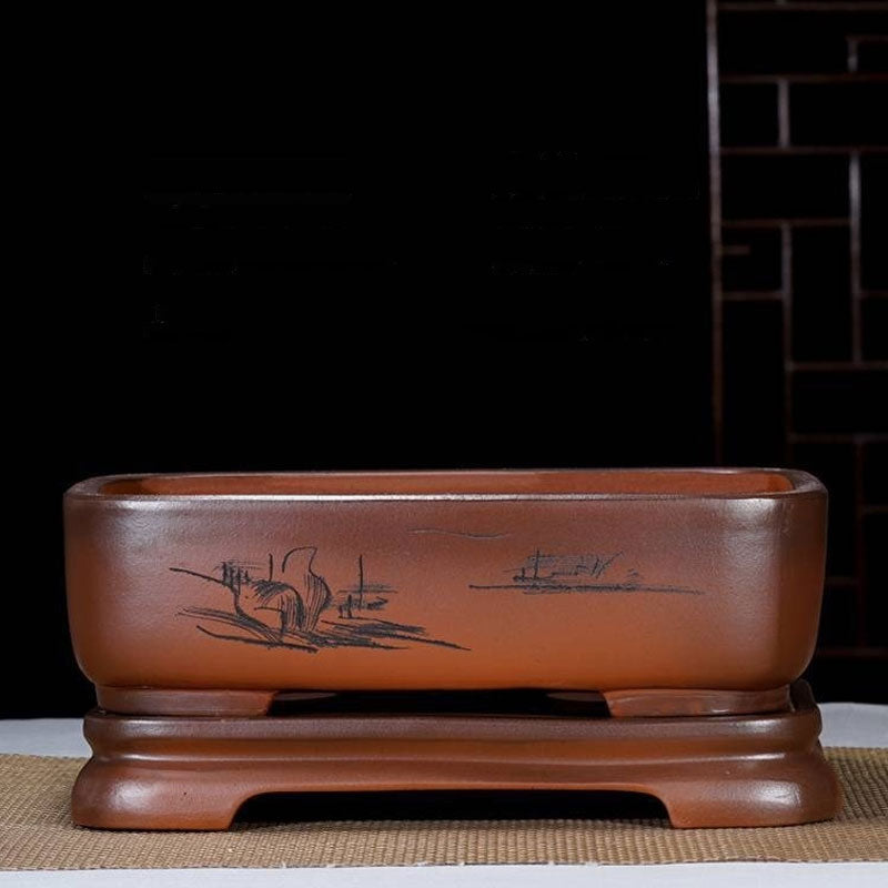 12.6" (32cm) Rectangular Antique-Like Dark Brown Bonsai Pot w Stand