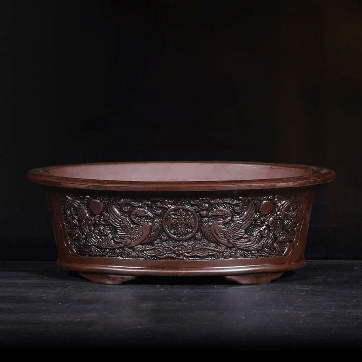 12.6" Large Antique Style Carved Oval Pots - Potscape