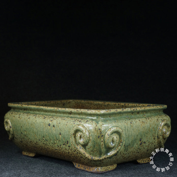 12.6 inch (32.1cm) Large Bulged Rectangle Jun Glaze Green Multi-Tone Deep Bonsai Pot