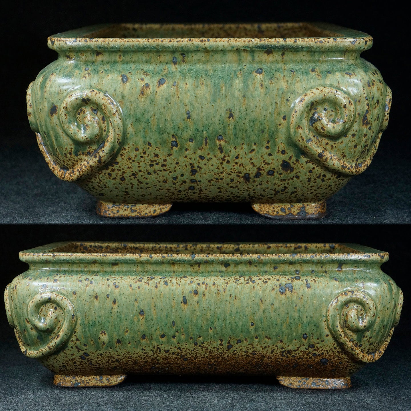 12.6 inch (32.1cm) Large Bulged Rectangle Jun Glaze Green Multi-Tone Deep Bonsai Pot Side View