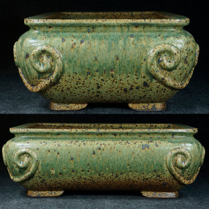 12.6 inch (32.1cm) Large Bulged Rectangle Jun Glaze Green Multi-Tone Deep Bonsai Pot Side View