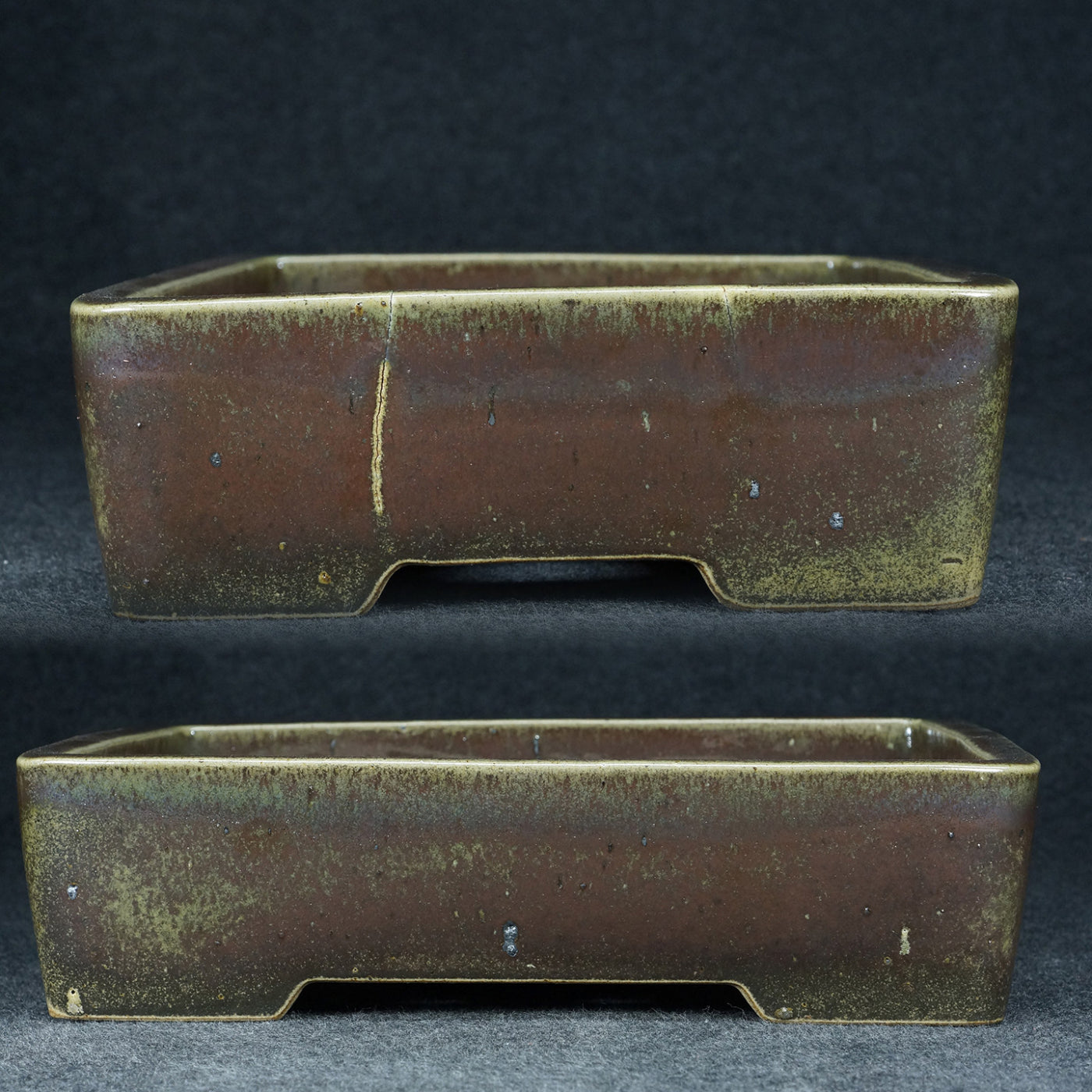 12.6 inch (32.2cm) Large Rectangular Unique Green-Brown Multi-Tone Glazed Bonsai Pot Side View
