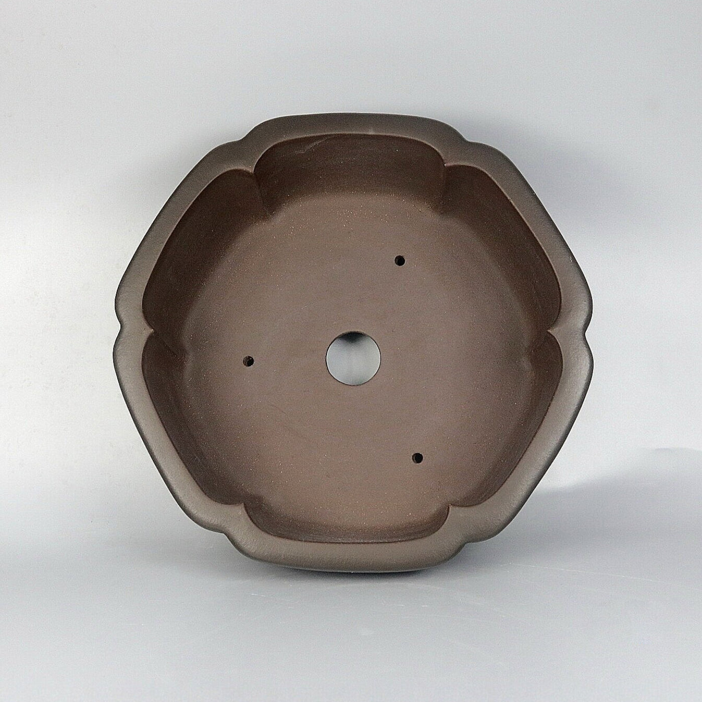 12.6 inch (32cm) Large Flared Hexagonal Dark Unglazed Bonsai Pot w Subtle Gradient Finish Inside View