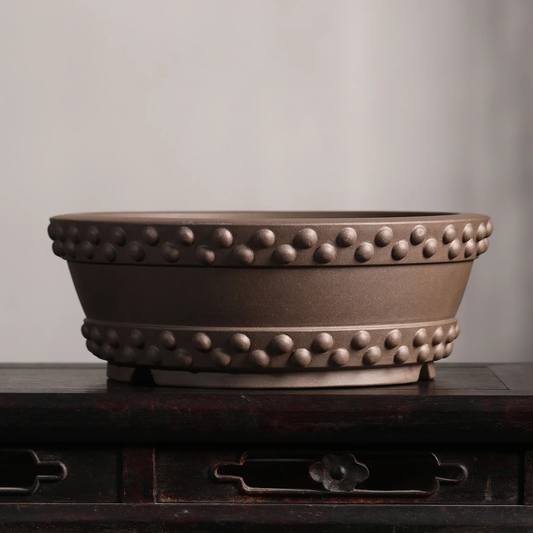 12.8"(32.5cm) Large Round Studded Handmade Drum Bonsai Pot Beige Color