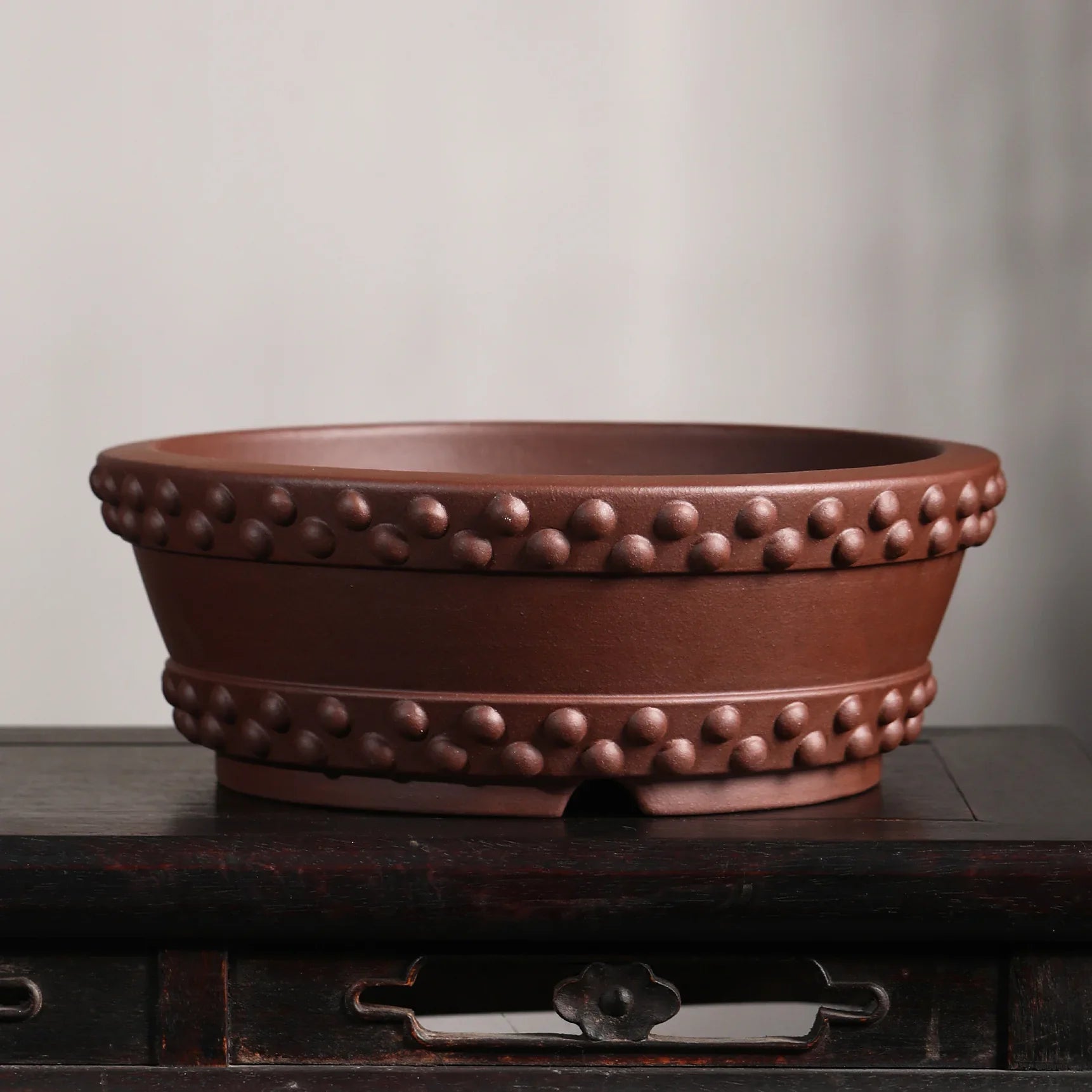 12.8"(32.5cm) Large Round Studded Handmade Drum Bonsai Pot Brown Color