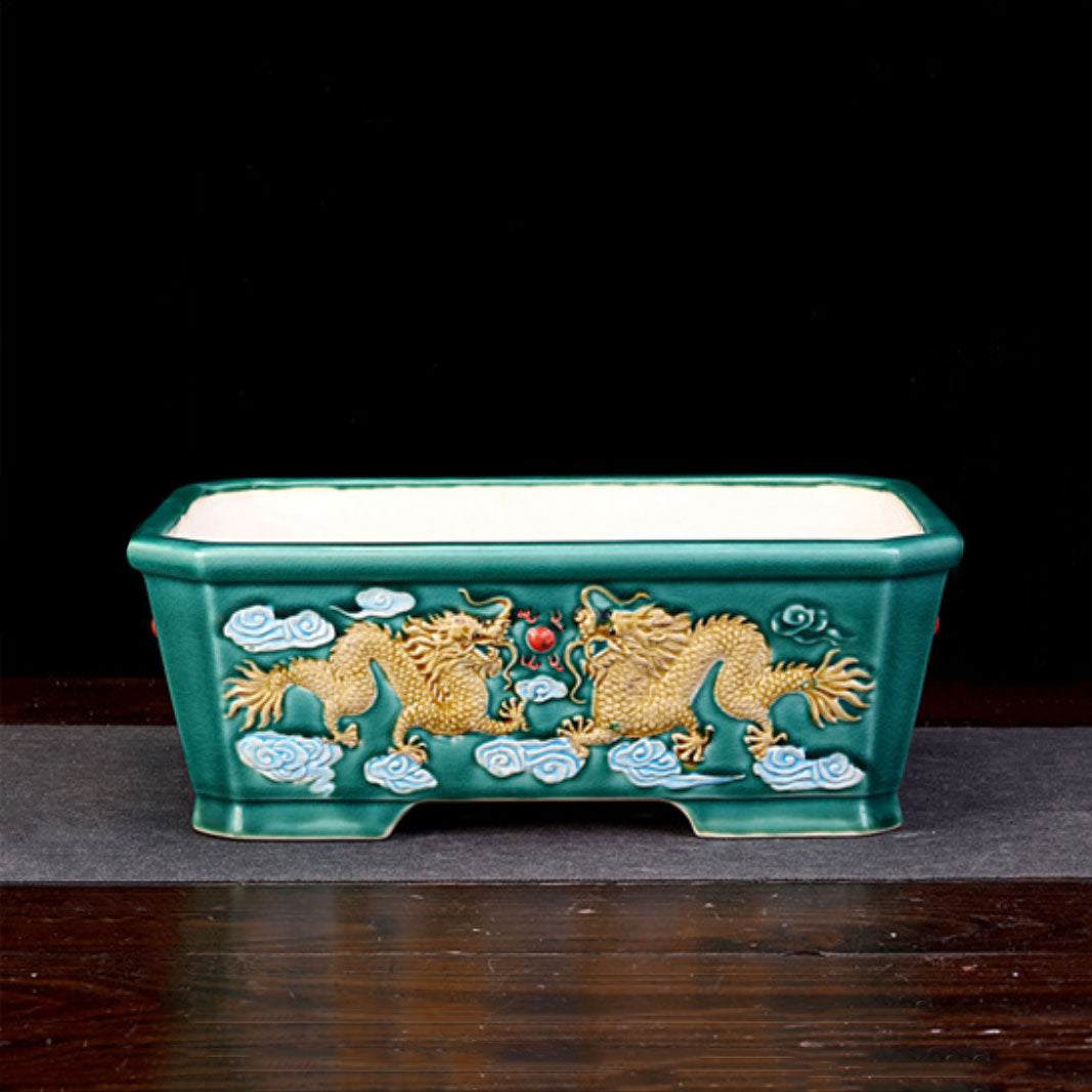 12" (30.5cm) Large Rectangular Glazed Golden Dragon Bonsai Pot