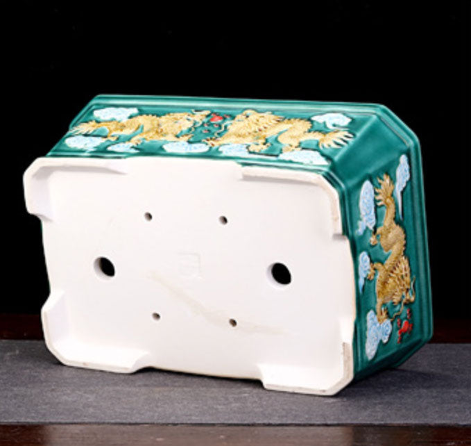 12" (30.5cm) Large Rectangular Glazed Golden Dragon Bonsai Pot Bottom View