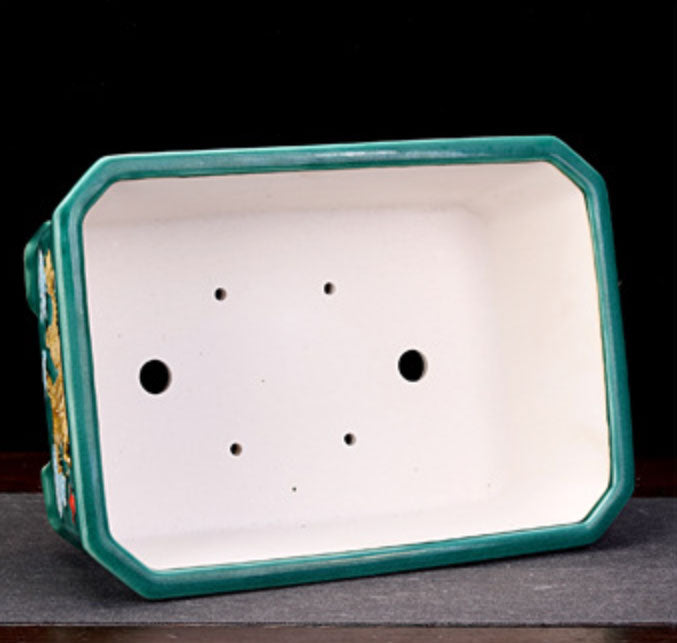 12" (30.5cm) Large Rectangular Glazed Golden Dragon Bonsai Pot Inner View