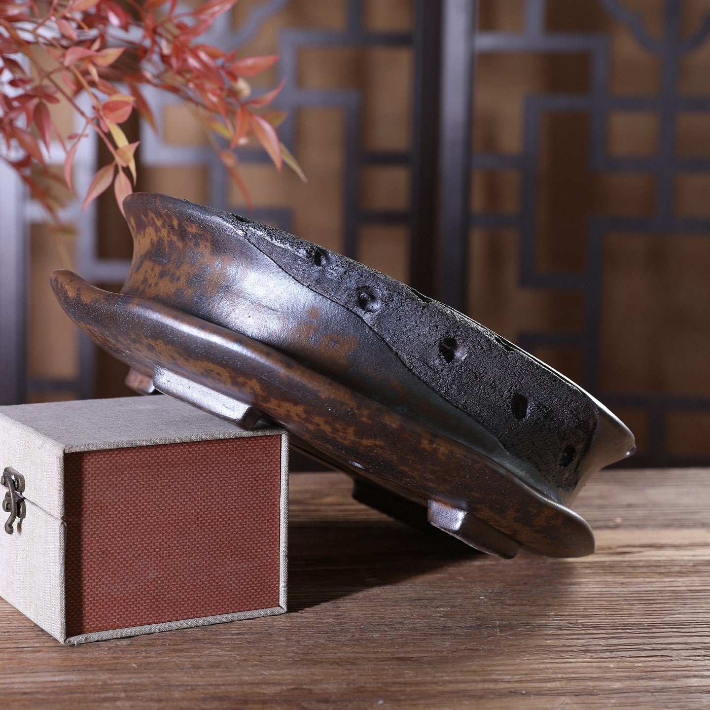 10.2" (26cm) Vaso bonsai ovale grande, cotto a legna, con finitura puntinata, non smaltato e con texture simile all'erosione