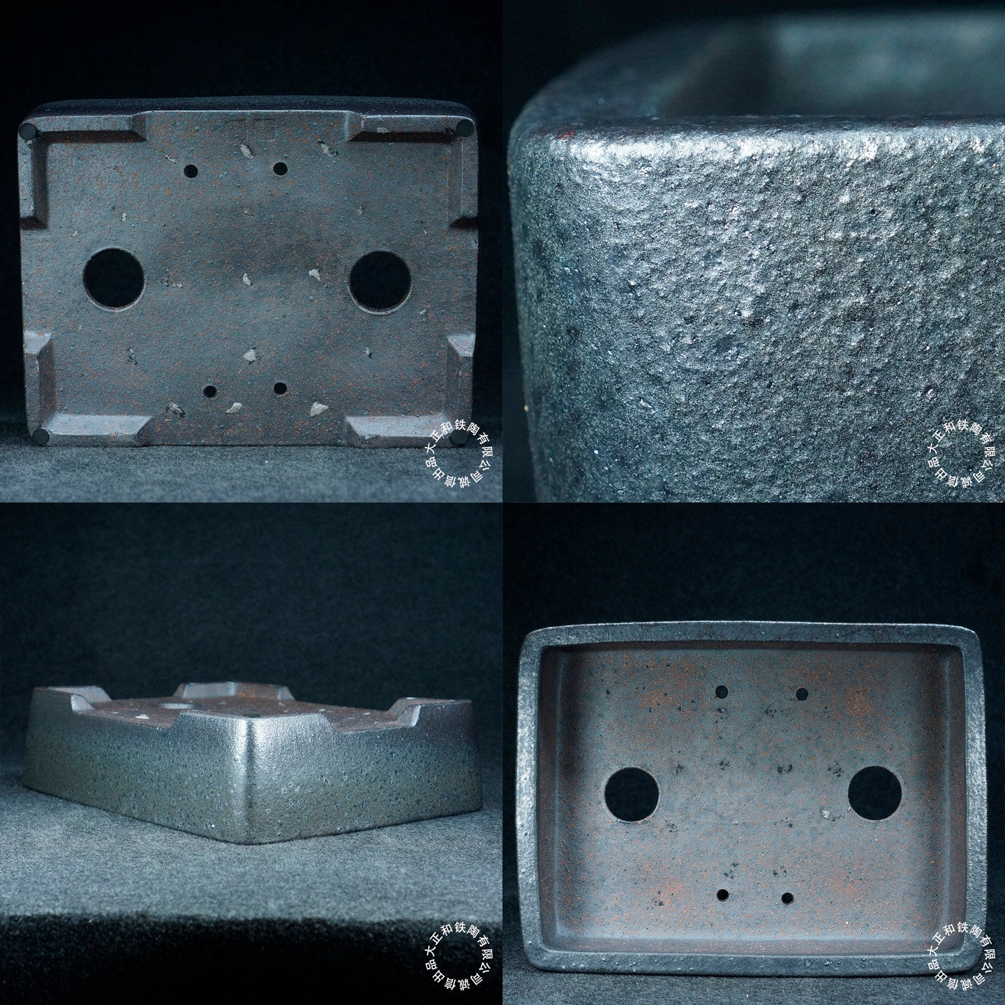 12 inch (32.2cm) Large Rectangular Unique Grey-Blue Multi-Tone Glazed Bonsai Pot Inner, Bottom, Side View