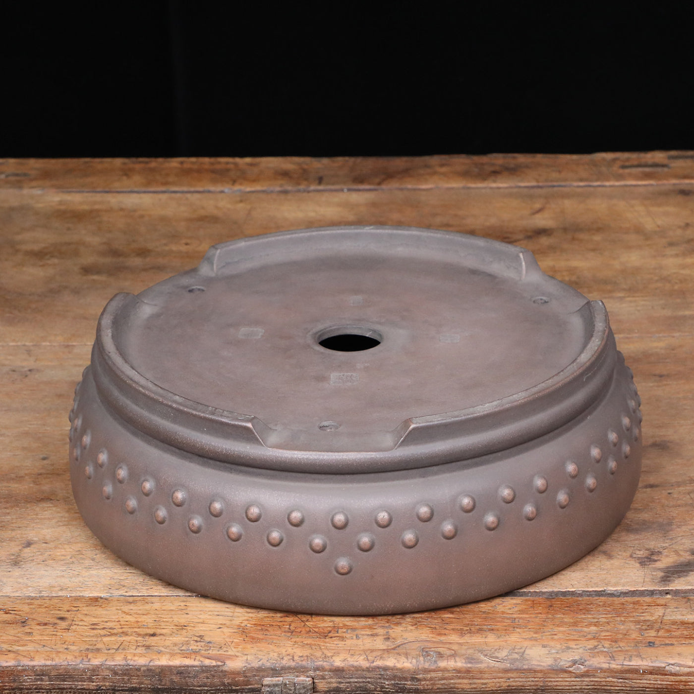 3.3 inch (34cm) Large Round Studded Unglazed Drum Bonsai Pot Bottom View