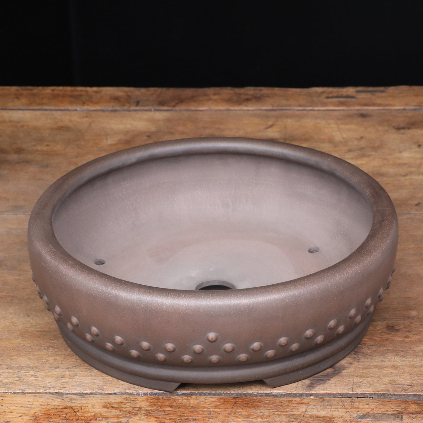 3.3 inch (34cm) Large Round Studded Unglazed Drum Bonsai Pot  nside View
