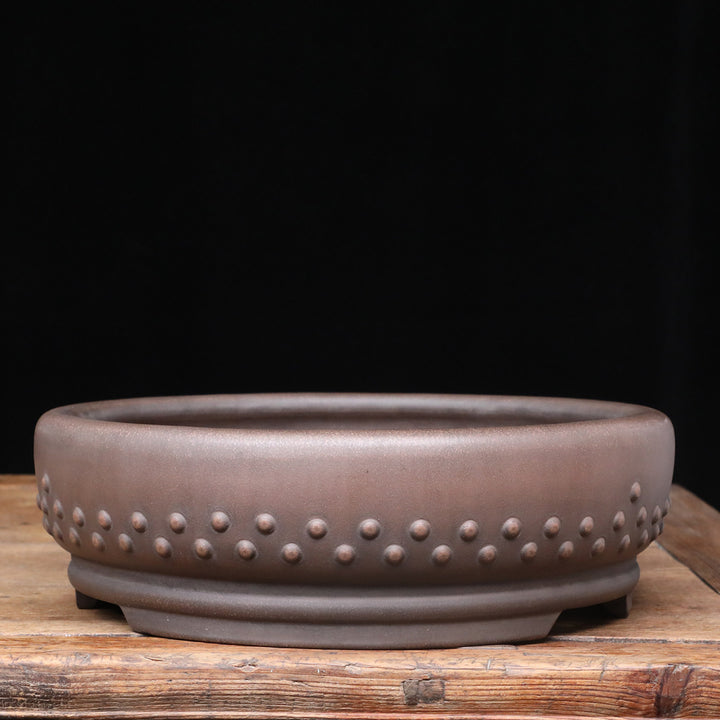 13.3 inch (34cm) Large Round Studded Unglazed Drum Bonsai Pot Corner View